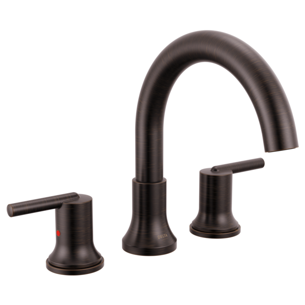 Oil-rubbed bronze roman tub trim with arched spout and two lever handles.