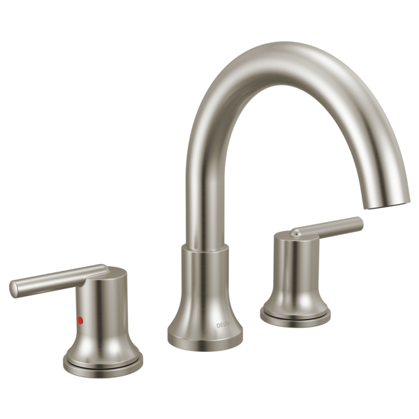 Brushed nickel three-piece roman tub faucet with curved spout and lever handles on each side.