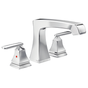 Chrome three-piece roman tub faucet with curved spout and lever handles on square bases.