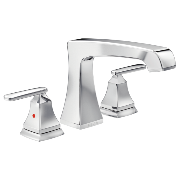Chrome three-piece roman tub faucet with curved spout and lever handles on square bases.