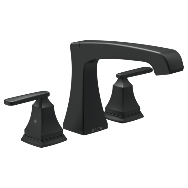 Black three-piece Delta Roman tub trim with arched spout and two lever handles on pyramid-shaped bases.