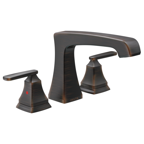 Bronze three-piece roman tub faucet with curved spout and lever handles on square bases.