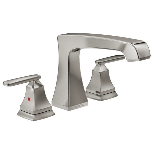 Brushed nickel three-piece roman tub faucet with curved spout and lever handles on square bases.