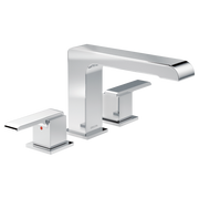 Chrome three-piece roman tub faucet with curved spout and two rectangular handles on white background.