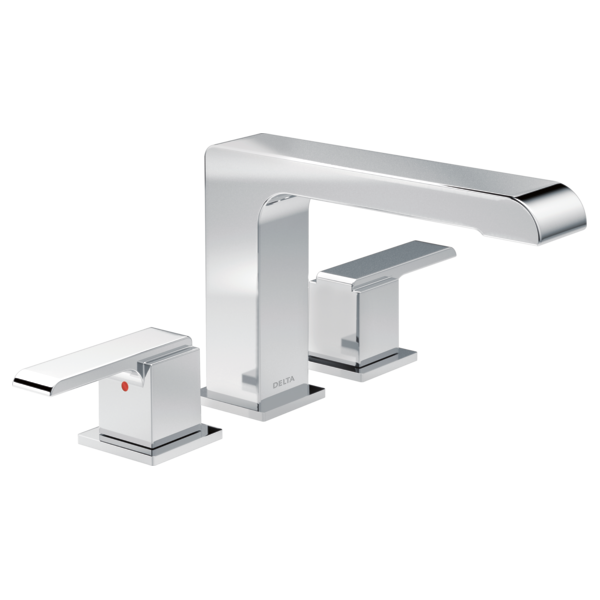 Chrome three-piece roman tub faucet with curved spout and two rectangular handles on white background.