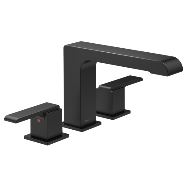 Black Delta Ara Roman tub trim with three-piece faucet set and lever handles.