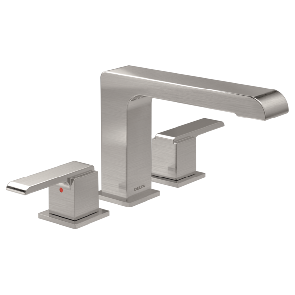 Brushed nickel three-piece roman tub trim with curved spout and two lever handles on square bases.