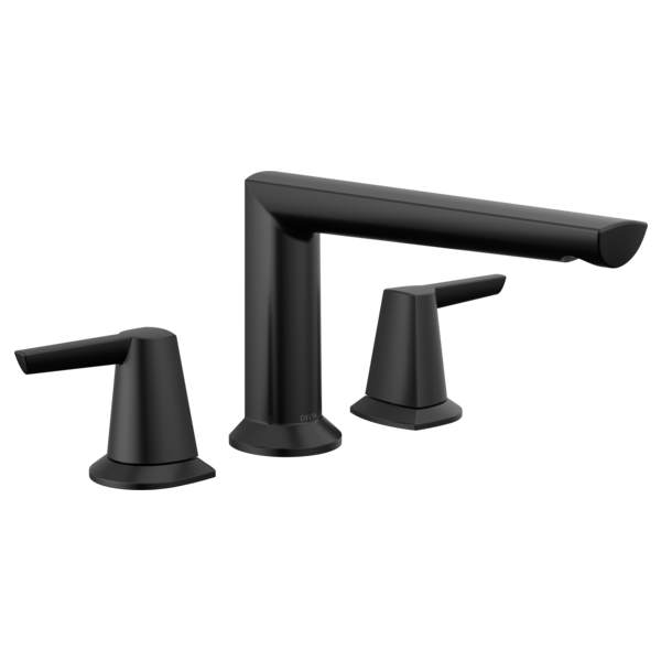 Black Delta Galeon roman tub trim with three-hole configuration, featuring tall center spout and two lever handles.
