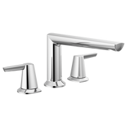 Chrome three-hole roman tub faucet trim with tall central spout and two side handles.