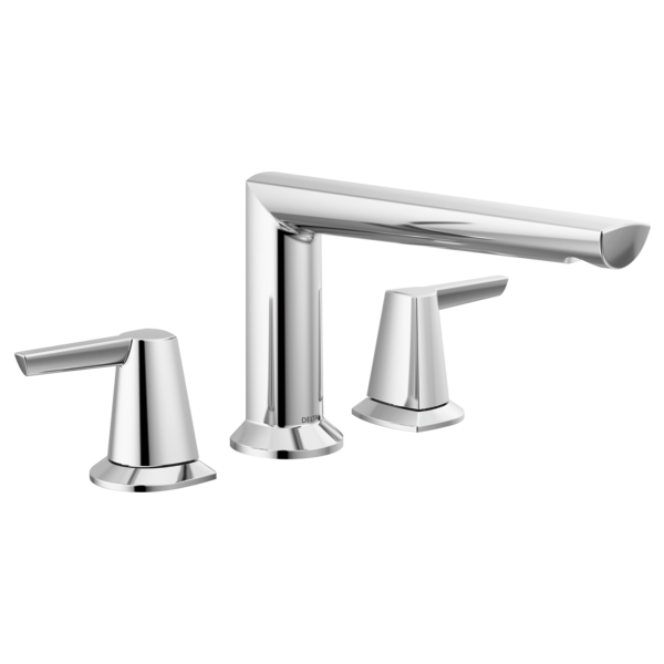 Chrome three-hole roman tub faucet trim with tall central spout and two side handles.