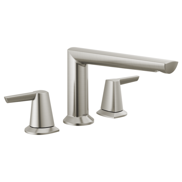 Brushed nickel three-piece Roman tub faucet with arched spout and two lever handles.