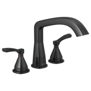 Three-hole black roman tub faucet trim with curved spout and matching lever handles on left and right.