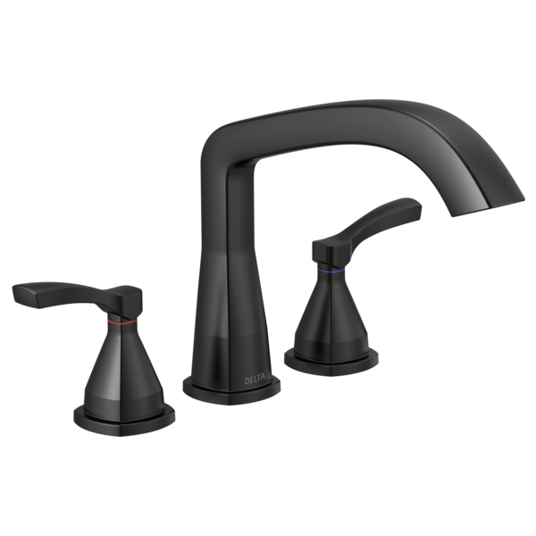 Three-hole black roman tub faucet trim with curved spout and matching lever handles on left and right.