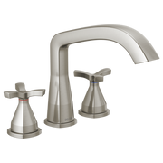 Stainless steel three-hole roman tub trim with curved spout and two lever handles.