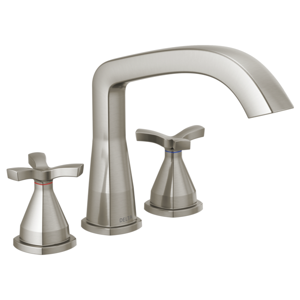 Stainless steel three-hole roman tub trim with curved spout and two lever handles.