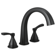 Black three-hole arc roman tub trim with center spout and two lever handles on either side.