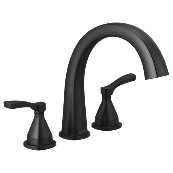 Black three-hole arc roman tub trim with center spout and two lever handles on either side.