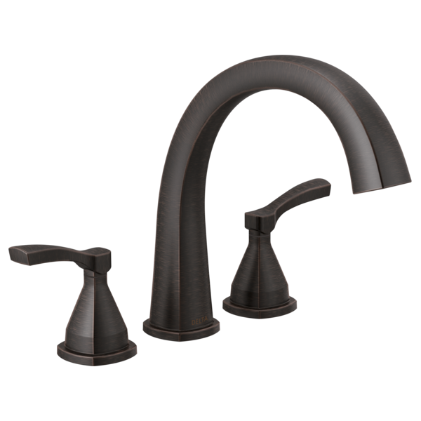 Black three-hole arc Roman tub faucet with lever handles and tall curved spout.