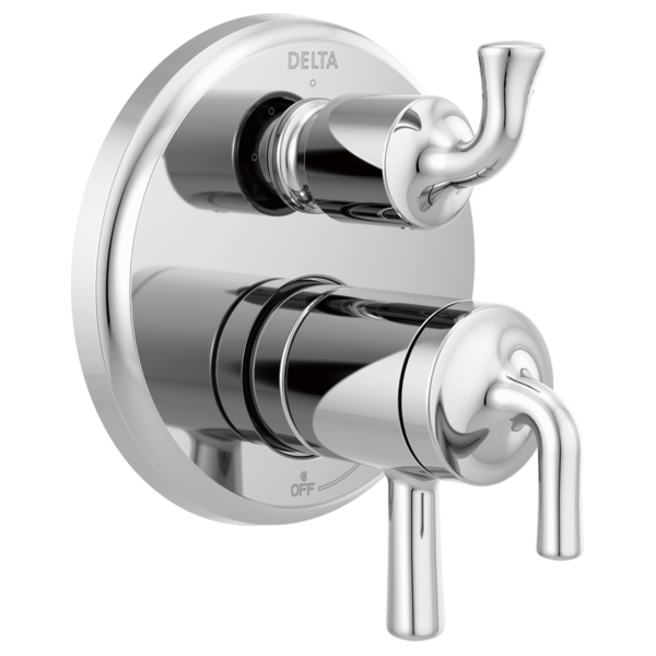Chrome Delta valve trim with two lever handles, diverter spout, and round escutcheon plate.