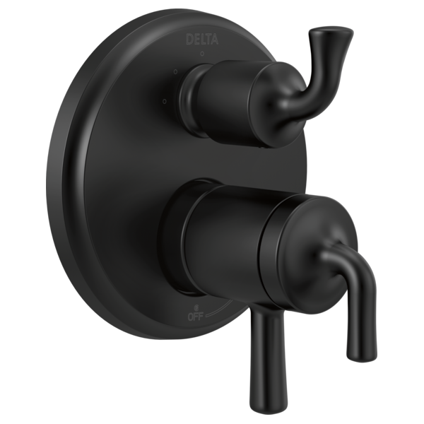 Black Delta Kayra two-handle monitor valve trim with diverter and curved lever handles.