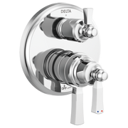 Chrome Delta Dorval 2-handle monitor valve trim with diverter knob and lever handles.