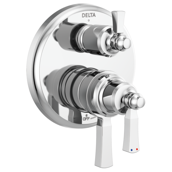 Chrome Delta Dorval 2-handle monitor valve trim with diverter knob and lever handles.
