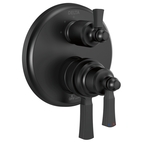 Black Delta shower valve trim with two lever handles and circular escutcheon plate.