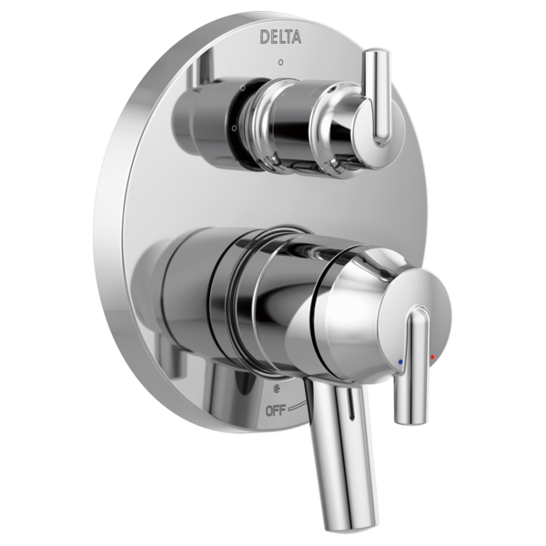 Delta Trinsic chrome shower valve trim with two handles and integrated diverter control mounted on oval escutcheon plate.