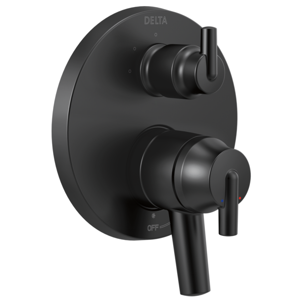 Black Delta Trinsic shower valve trim with two lever handles and circular escutcheon plate.