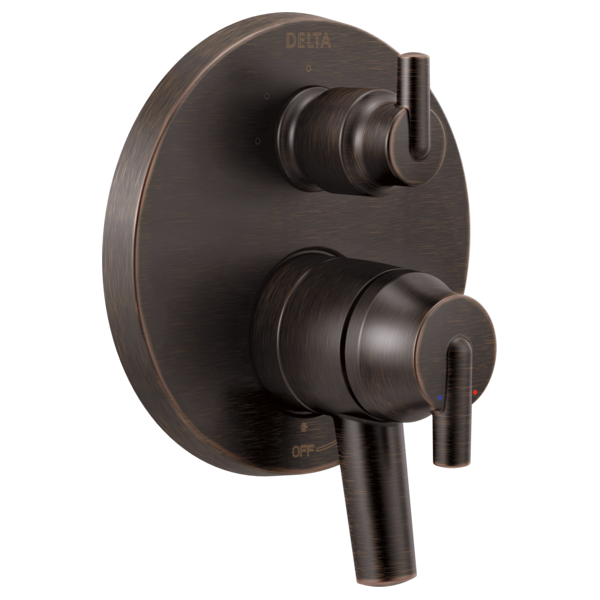 Delta Trinsic two-handle shower valve trim in oil-rubbed bronze with integrated diverter and lever handles.