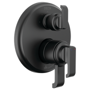 Matte black integrated diverter trim with dual lever handles and circular valve body for shower control.