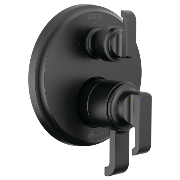 Matte black integrated diverter trim with dual lever handles and circular valve body for shower control.