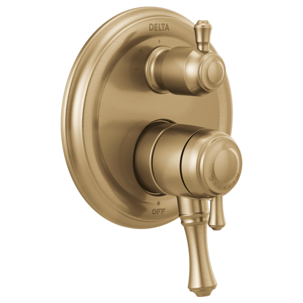 Champagne bronze Delta monitor valve trim with dual knobs and integrated diverter lever for shower and tub control.