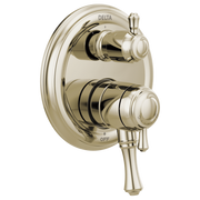 Polished nickel Delta valve trim with oval escutcheon plate, dual handles, and integrated diverter control.