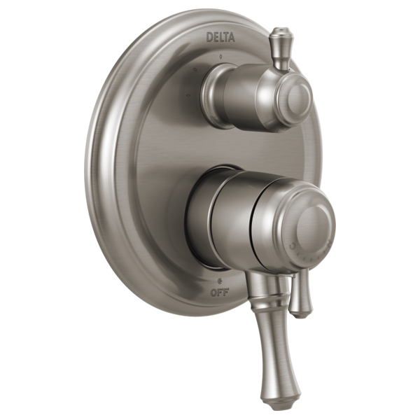 Brushed nickel Delta valve trim with dual knobs and diverter lever on oval escutcheon plate.