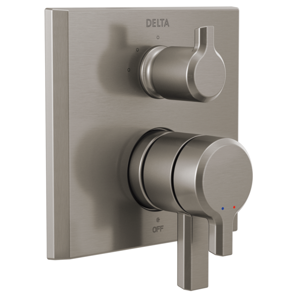 Brushed nickel Delta shower valve trim with circular handles and diverter controls on rectangular escutcheon plate.