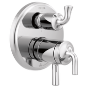 Chrome two-handle shower valve trim with diverter lever and curved spout.
