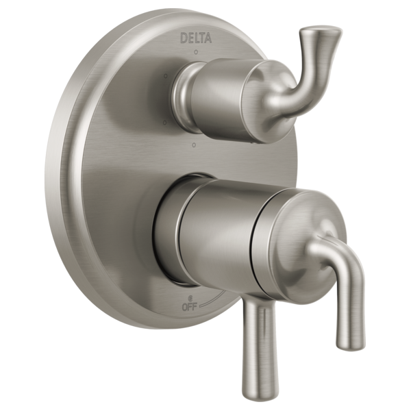 Brushed nickel two-handle shower valve trim with upper diverter spout and lower control lever on oval escutcheon plate.