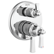 Chrome Delta shower valve trim with two rectangular handles and round escutcheon plate, featuring diverter control.