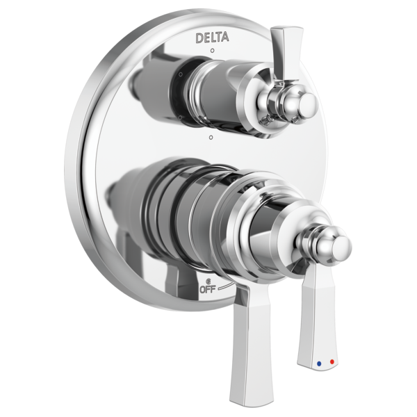 Chrome Delta shower valve trim with two rectangular handles and round escutcheon plate, featuring diverter control.
