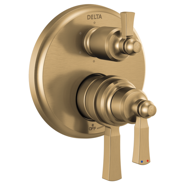 Champagne bronze Delta shower valve trim with two lever handles and round escutcheon plate.