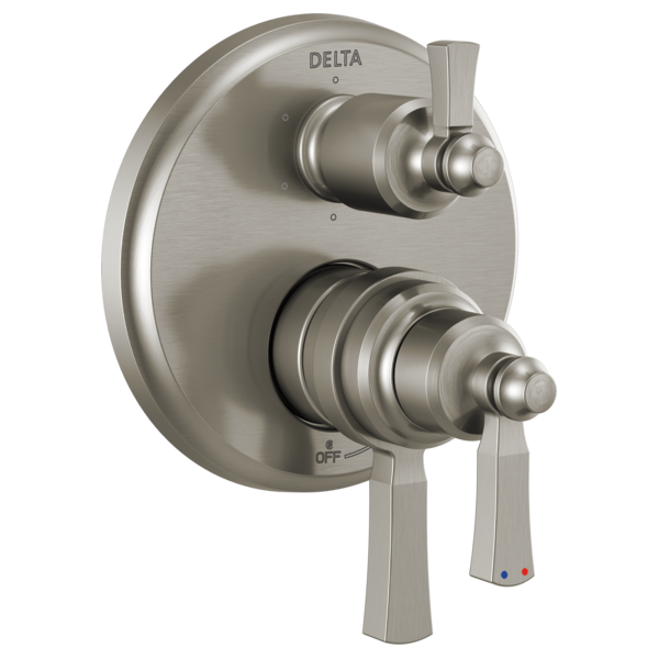 Brushed nickel Delta valve trim with round escutcheon plate and two lever handles, one upper and one lower.