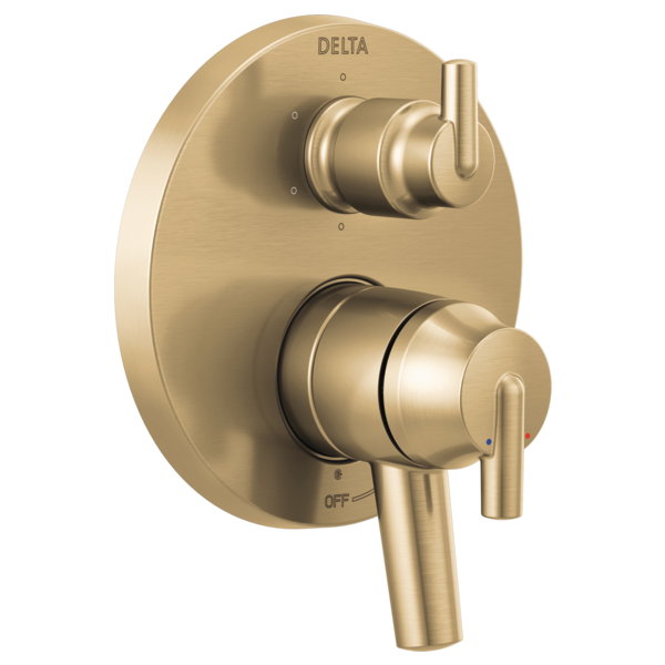 Delta Trinsic two-handle monitor valve trim in champagne bronze with lever handles and integrated diverter.