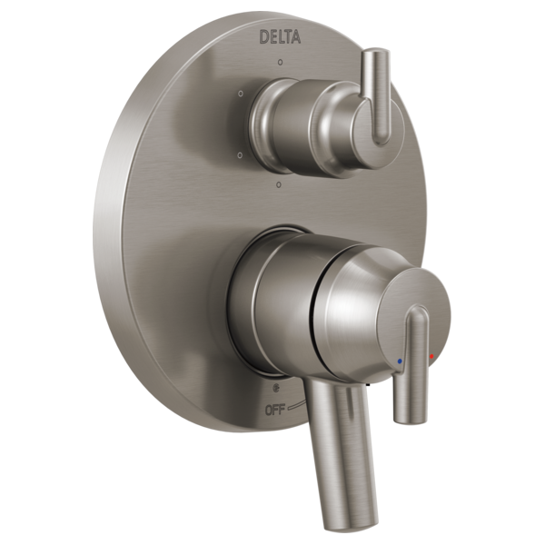 Brushed nickel dual-handle shower valve trim with round escutcheon and cylindrical lever handles.