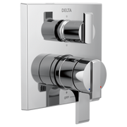Delta Ara angular modern chrome shower valve trim with dual handles and 6-setting diverter control.
