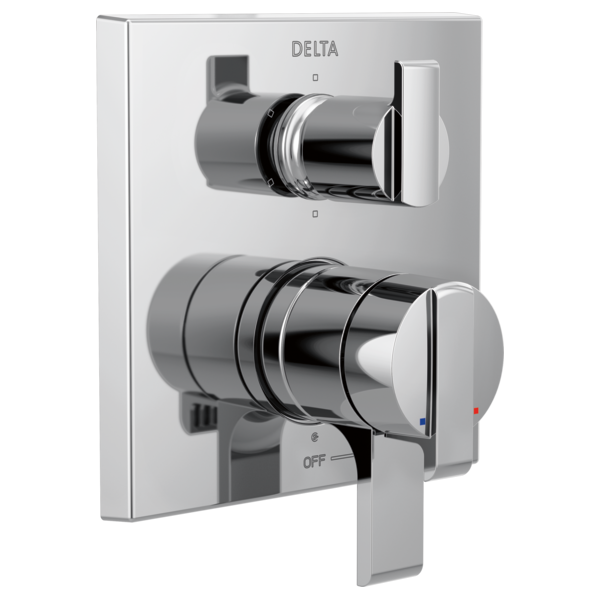 Delta Ara angular modern chrome shower valve trim with dual handles and 6-setting diverter control.