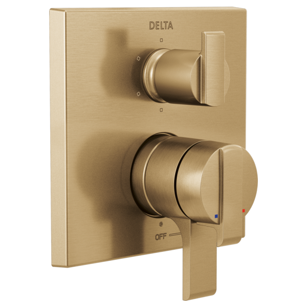 Champagne bronze Delta monitor valve trim with cylindrical knobs and integrated diverter control on square escutcheon plate.
