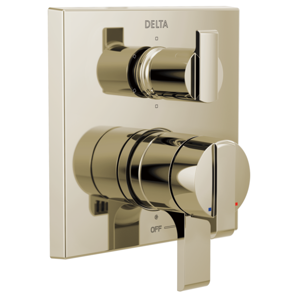Delta Ara angular modern monitor valve trim with dual lever handles and integrated diverter in champagne bronze finish.
