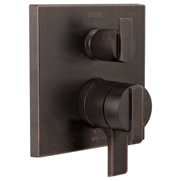 Bronze brushed finish angular shower valve trim with upper diverter knob and lower control lever.