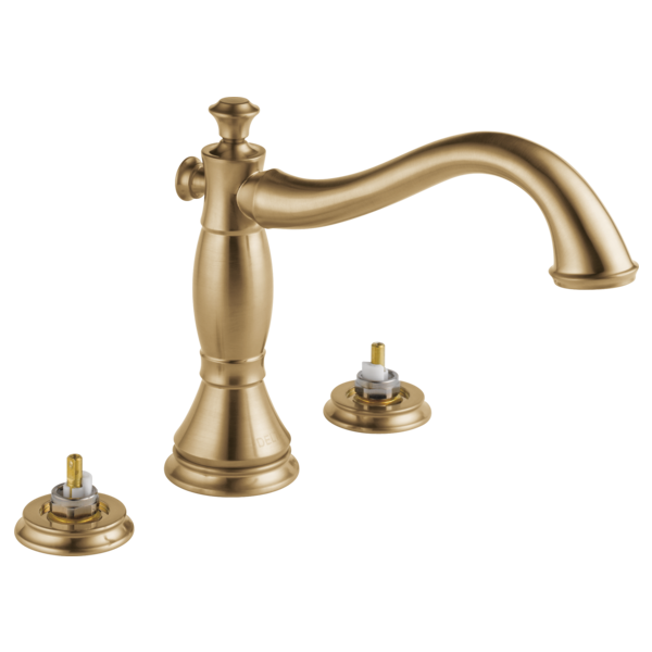 Champagne bronze roman tub trim with curved spout and two valve body bases without handles.